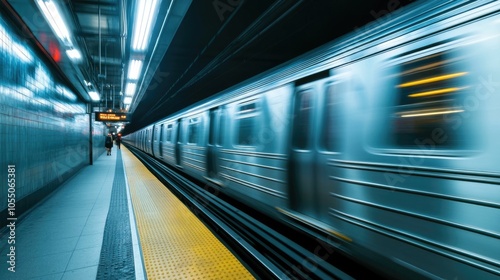 Commuters quickly disembarking a subway train in a blurred motion rushing through the deep depth of field interior of a busy urban train station platform