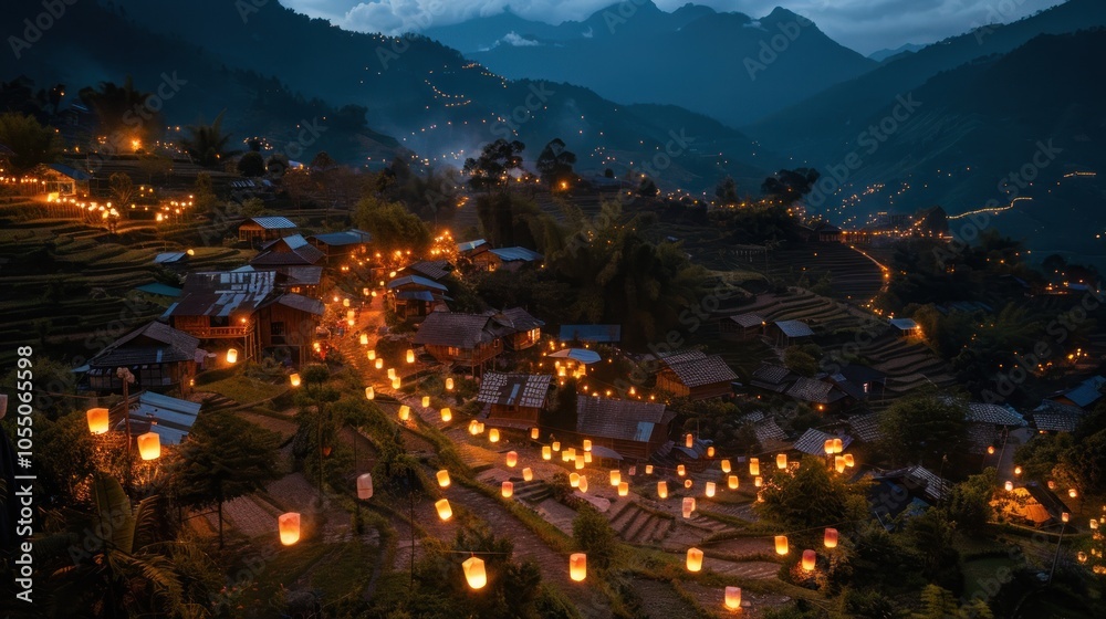 Fototapeta premium Nighttime Village on Mountainside with Lanterns