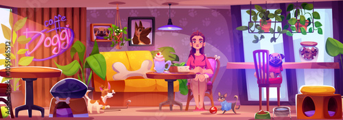Woman in dog friendly cafe. Vector cartoon illustration of female character sitting at table with cappuccino cup and cake, cute puppies playing with toys, water and animal food bowls, pictures on wall