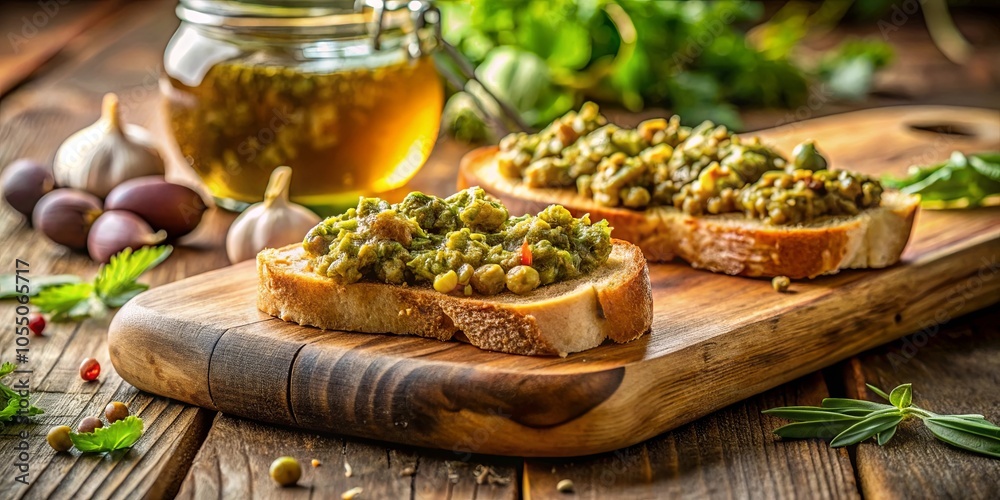 A Rustic Spread of Savory Green Paste on Toasted Bread, Accompanied by Garlic, Herbs, and Olive Oil A Rustic Spread of Savory Green Paste on Toasted Bread, Accompanied by Garlic, Herbs, and Olive Oil