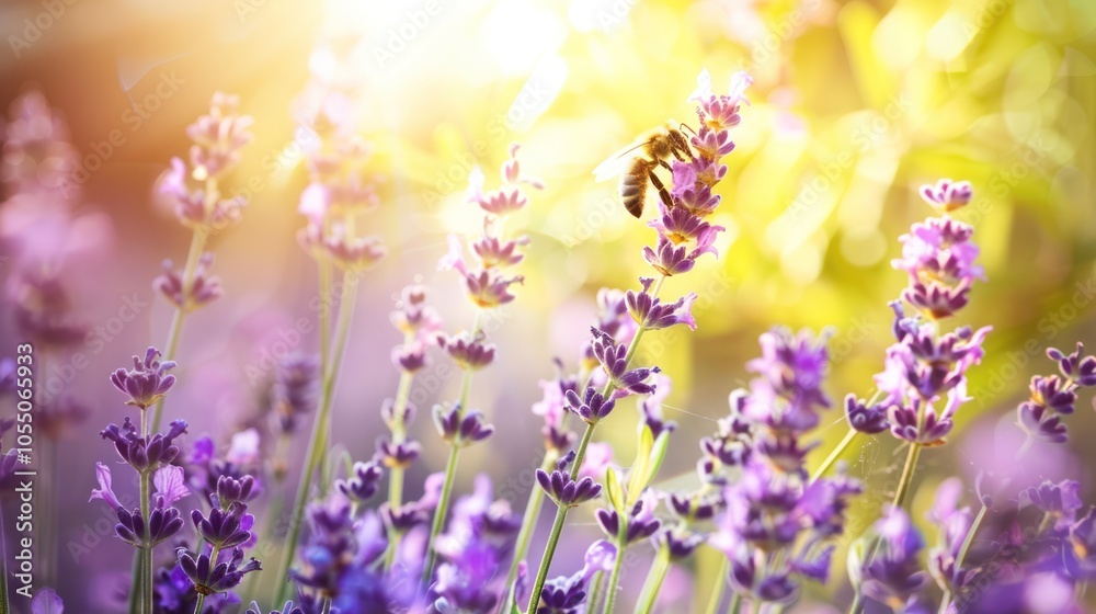 Naklejka premium Bee on Lavender in Summer Sunlight