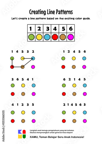 Education worksheet Printable A4 size. creating pattern with color of dots with guideline. educational game for children. focus exercise