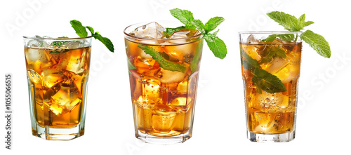 Refreshing ice tea filled with ice cubes and lemon slices isolated on white transparent background. photo