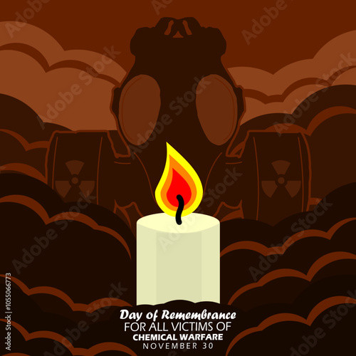 Day of Remembrance for all Victims of Chemical Warfare to commemorate on November 30th. Burning white candle with gas mask filter and thick chemical smoke on dark brown background.