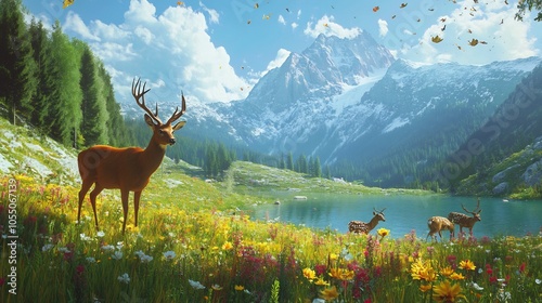 Deer in a Mountain Meadow with a Scenic Lake