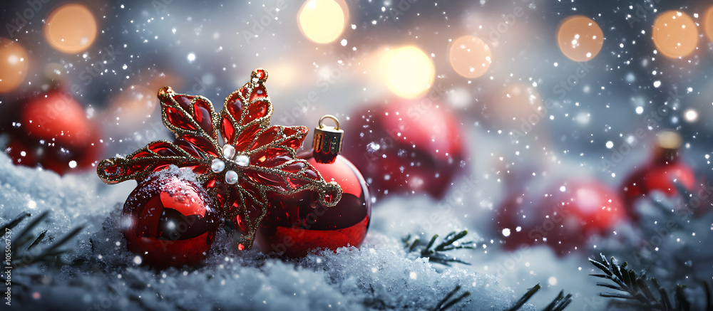 Christmas red ornaments close up, snow bokeh background. Merry Christmas and Happy Holidays greeting card, frame, banner. New Year. Noel. Winter xmas theme. Christmas red ornaments close up, snow bokeh background. Merry Christmas and Happy Holidays greeting card, frame, banner. New Year. Noel. Winter xmas theme.