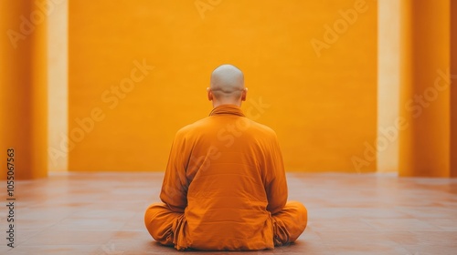 Saffron Robed Buddhist Monk Meditating in a Serene Temple Ritual with Deep Depth of Field A tranquil and spiritual scene of a devout monk immersed in deep meditation within the sacred confines of a