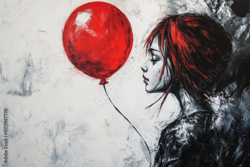 woman with a red balloon on a white background with gray and black graphical elements