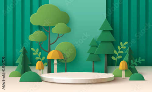 Beige cylinder platform surrounded by paper crafted woodland elements. Vibrant green trees and bushes with yellow mushrooms on verdant wall background. Realistic 3d layered papercut forest design.