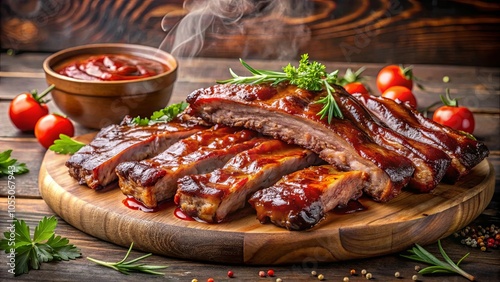 Wallpaper Mural Smoky Glazed Ribs on Rustic Wood Cutting Board with Garnish of Rosemary and Red Tomatoes Torontodigital.ca