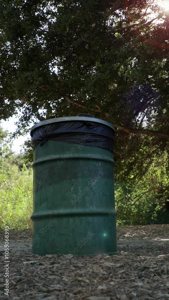 trashcan in wilderness with lens flare vertical video