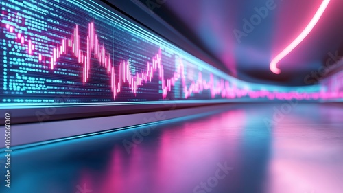 A 3Drendered image of a futuristic stock market floor with holograms displaying yearend trading activity, cyberpunk, neon lights