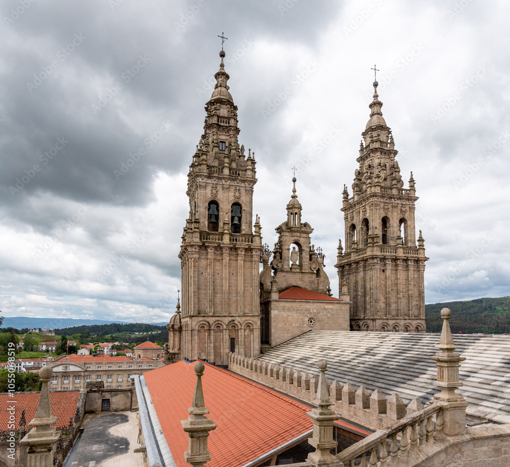 Backside of the main belltowers of the Santiago de Compostela cathedral in Galicia Backside of the main belltowers of the Santiago de Compostela cathedral in Galicia