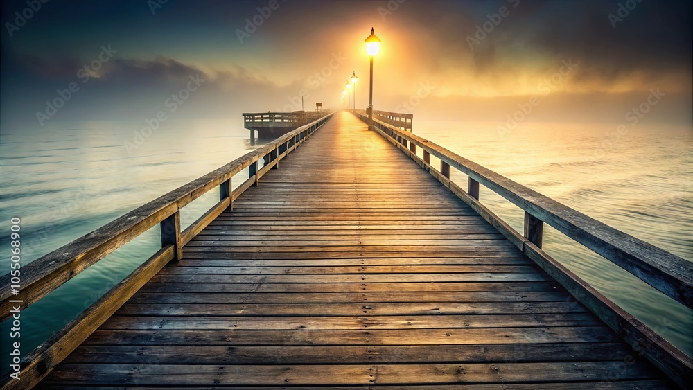 A wooden pier leading into a foggy sunrise, with the light of the streetlamps illuminating the path ahead A wooden pier leading into a foggy sunrise, with the light of the streetlamps illuminating the path ahead