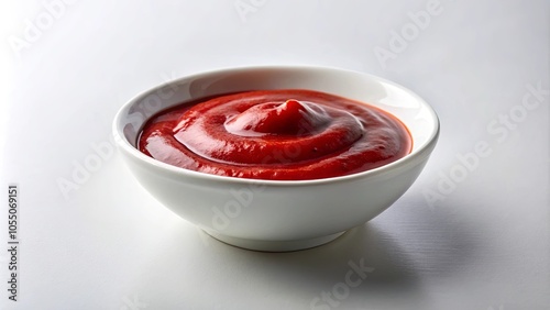 A close-up of a small white bowl filled with a vibrant red sauce, the sauce creating a swirling pattern in the center. The bowl sits on a plain white surface, with a hint of its shadow cast below.