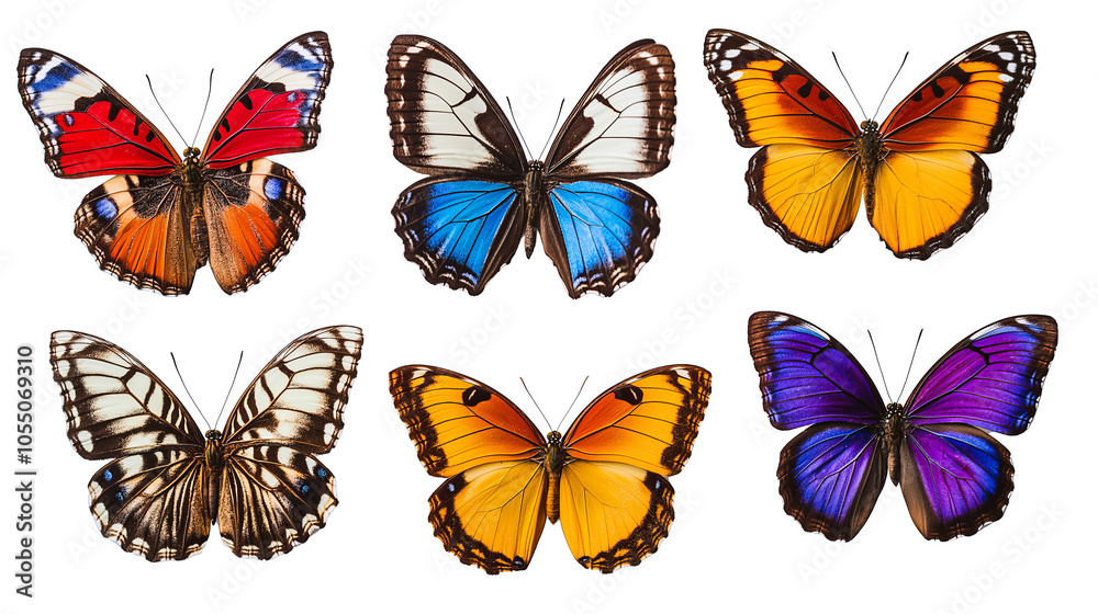 A Variety of Colorful Butterflies in Different Shapes and Patterns on a White Background A Variety of Colorful Butterflies in Different Shapes and Patterns on a White Background
