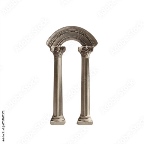 Highly detailed, intricately carved classic column arch standing upright, centered and symmetrically positioned on a pristine, pure white background, devoid of any shadows or extraneous elements, with photo