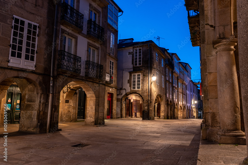 Empty little Rua do Vilar street with historic residential houses and picturesque passages in the center of Santiago de Compostela at night Empty little Rua do Vilar street with historic residential houses and picturesque passages in the center of Santiago de Compostela at night