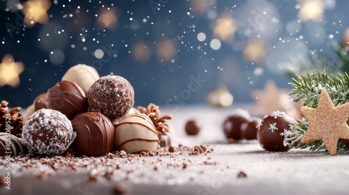 A charming display of assorted chocolate truffles nestled beside pinecones and flashing stars, evoking festive cheer and warmth in a dreamy winter setting. photo