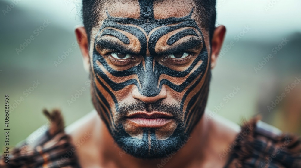 Intense close up portrait of a Maori warrior wearing traditional ceremonial attire fiercely performing the powerful aggressive haka dance during a cultural ceremony or event in New Zealand Intense close up portrait of a Maori warrior wearing traditional ceremonial attire fiercely performing the powerful aggressive haka dance during a cultural ceremony or event in New Zealand