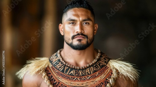 Maori warrior in traditional attire and headdress performing a captivating haka dance during a cultural ceremony in an outdoor nature setting with deep depth of field photo