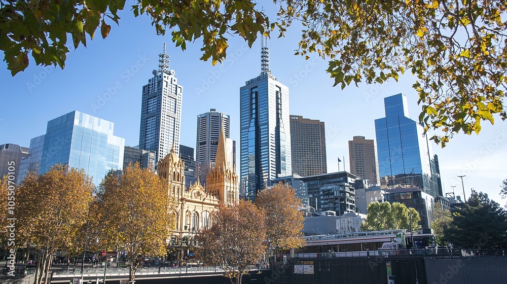 Obraz premium Modern Cityscape with Autumn Trees and High-Rise Buildings