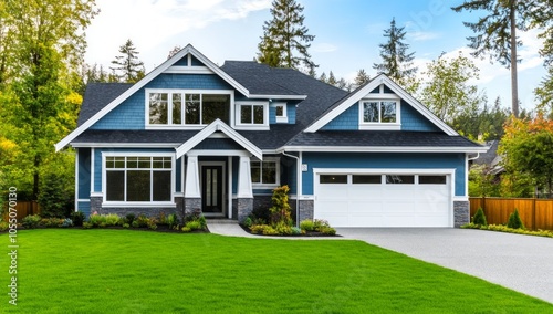Stunning Blue House with Lush Green Lawn photo