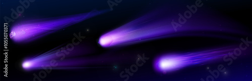 Purple star light trail magic effect. Comet or meteor fire vector. 3d space game ball with neon tail shine and sparkle fall. Vfx of shooting cosmic asteroid. Speed missile flying motion in night sky