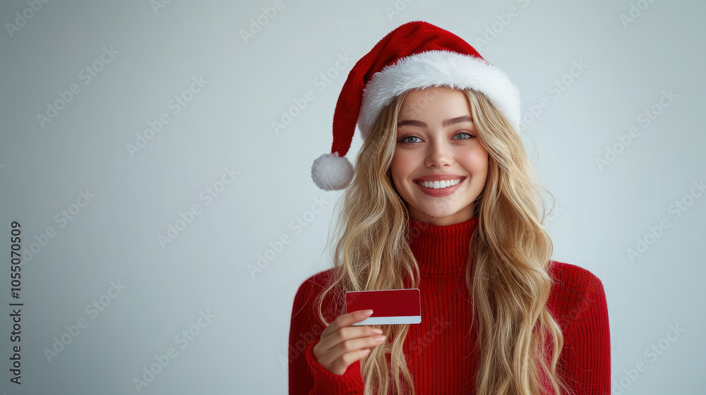 young smiling beautiful woman with long hair in red dress and Santa Claus hat holding credit card in hand on white background, New Year shopping, Christmas, buying gifts, finance, banking, payment young smiling beautiful woman with long hair in red dress and Santa Claus hat holding credit card in hand on white background, New Year shopping, Christmas, buying gifts, finance, banking, payment