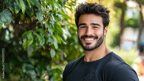 Content Man with Dark Skin Among Greenery