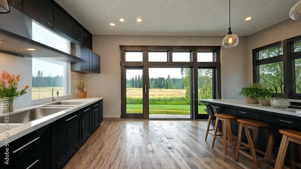 Modern kitchen with large windows and elegant wooden cabinetry.