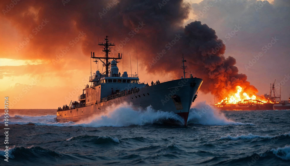 A ship navigates turbulent waters near a massive fire, embodying resilience amidst chaos.
A ship navigates turbulent waters near a massive fire, embodying resilience amidst chaos.