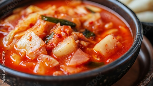 Spicy Kimchi and Side Dishes on Wooden Table