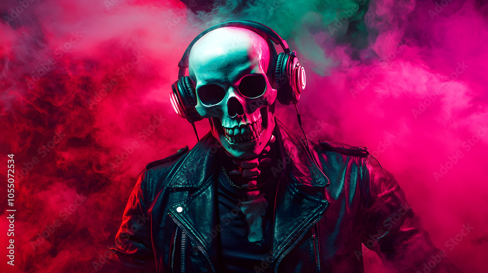 A human skeleton wearing headphones and a leather jacket with pink and green smoke in the background. A human skeleton wearing headphones and a leather jacket with pink and green smoke in the background.