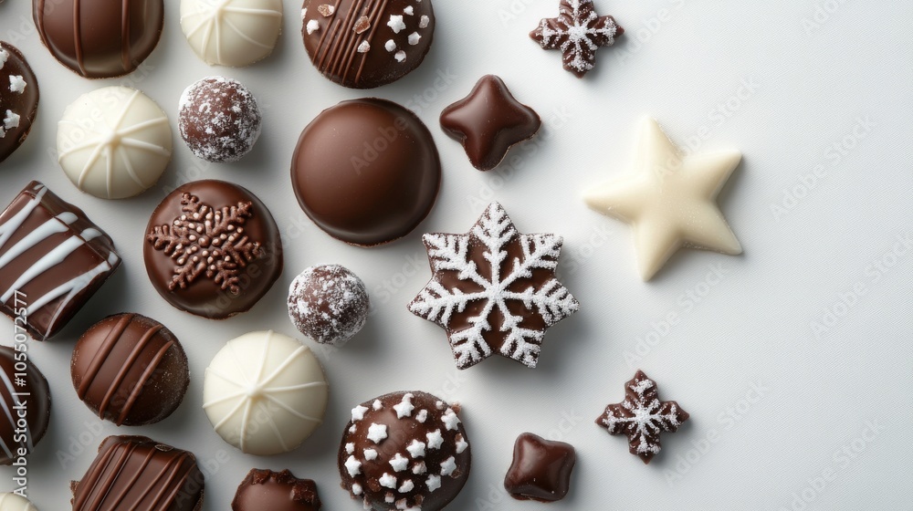 An artistic collection of chocolates with snowflake and star patterns, capturing the essence of winter festivity and the joy of a well-crafted dessert experience. An artistic collection of chocolates with snowflake and star patterns, capturing the essence of winter festivity and the joy of a well-crafted dessert experience.