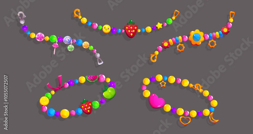 Bead friendship bracelet with cute charm vector. Handmade activity with jewelry accessories for reputation set. Plastic princess bijouterie teenager design kit. Bright jewel thread with strawberry