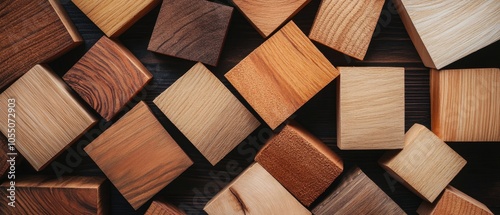 Assorted wooden blocks of various shapes and shades arranged artistically on a dark surface.