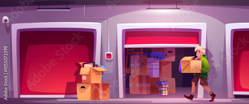 Self storage unit with box. Person rent storehouse for space. Man keeping personal items in mini warehouse environment. Property facility with security camera and male character inside building