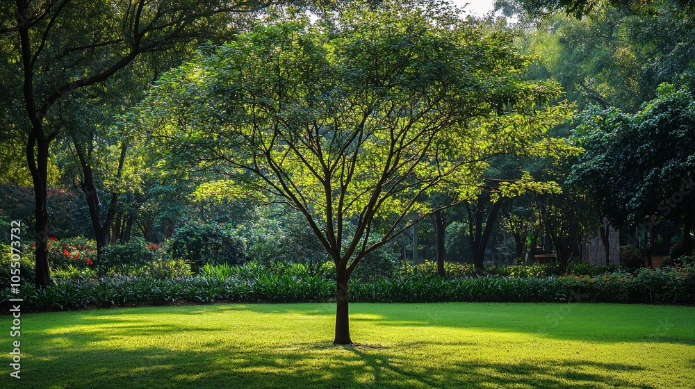 Fototapeta premium Majestic Solitary Tree with Dense Canopy Standing Tall in Sustainable Urban Garden Setting During Spring Season, Demonstrating Nature Conservation and Environmental Solutions
