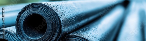 Close-up of stacked black industrial rolls, showcasing texture and detail against a soft background. photo