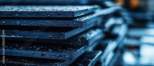 Close-up of stacked metal sheets with droplets, showcasing a detailed industrial texture.