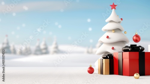 Festive christmas tree with gifts and ornaments on snowy landscape background. capturing holiday spirit and winter celebrations.
