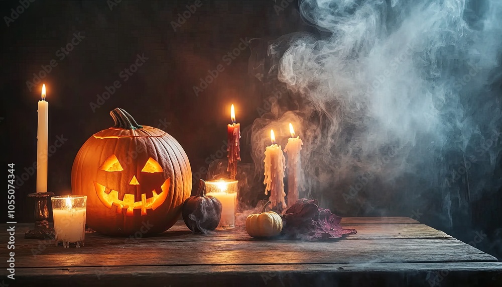 Naklejka premium A carved pumpkin with a lit candle inside sits on a wooden table with other candles and smoke in the background.