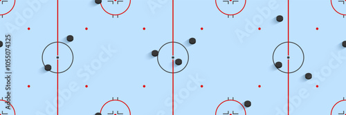 Ice hockey rink top view seamless vector illustration. Winter sports repeated wallpaper design. hockey pucks and field on a blue background with markup for sporting activities backdrop.