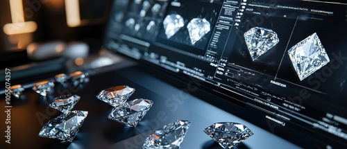 Multiple CAD screens display diamond cut optimizations, showcasing professional design technology used in the jewelry industry to enhance gemstone brilliance and clarity during crafting.