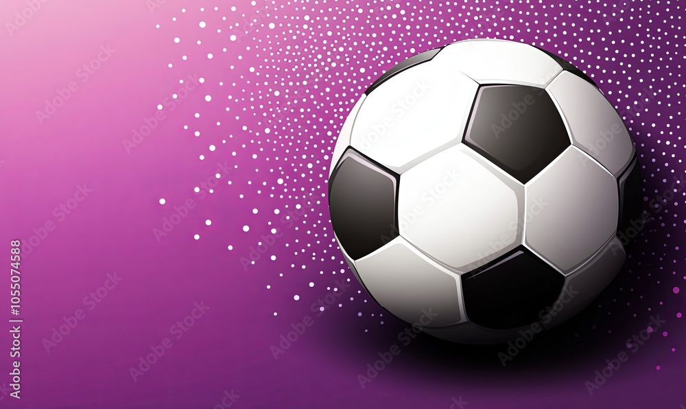 Naklejka premium A classic black and white soccer ball on a purple background with a scattered pattern of white dots.