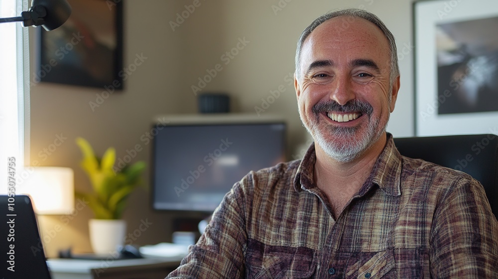 Happy Smiling Man in Modern Home Office Setting Happy Smiling Man in Modern Home Office Setting