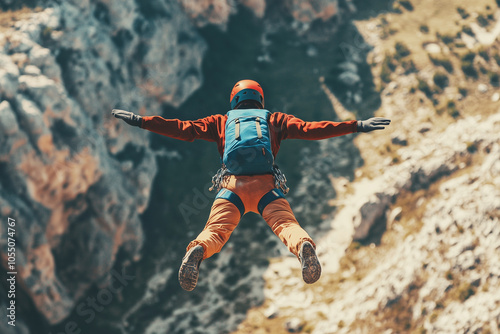 man in an orange jumpsuit is in mid-air, with his arms outstretched. He is wearing a blue backpack and a red helmet. Concept of adventure and excitement