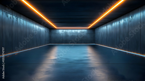 3D Rendered Concrete Room With Orange Neon Lights