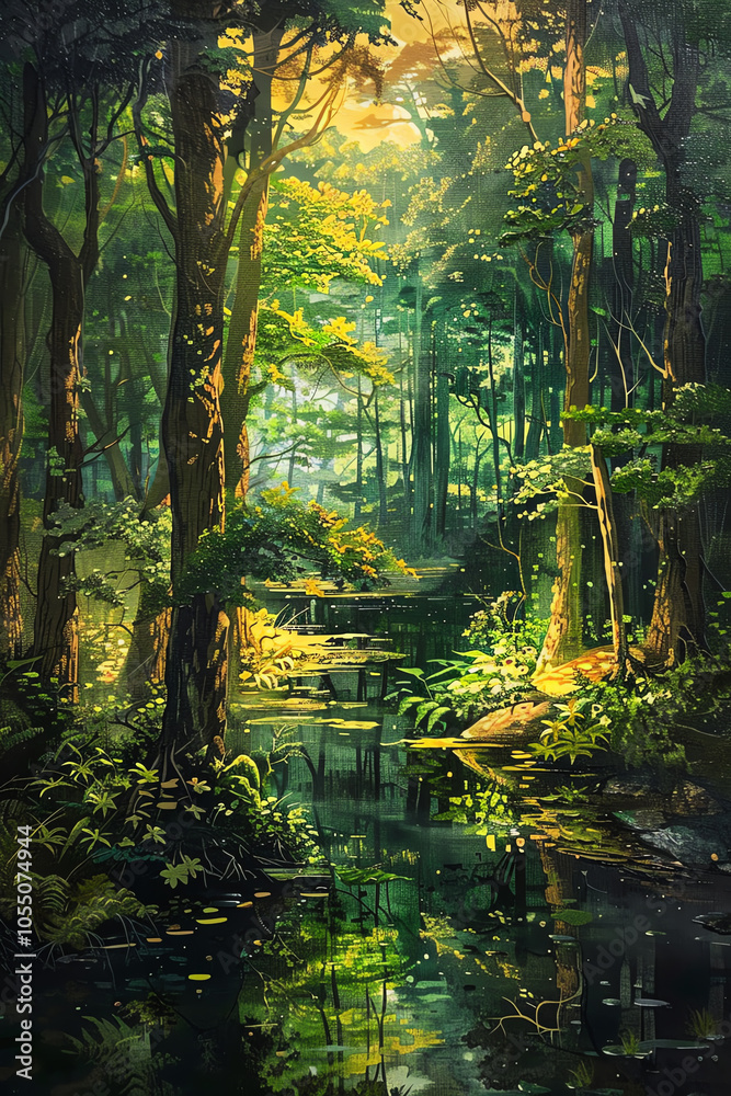 Obraz premium Bring the mystical crypto forest to life with a traditional medium like acrylic, emphasizing unexpected camera angles that highlight the magical essence of the scenery Use rich, earthy tones to enhanc
